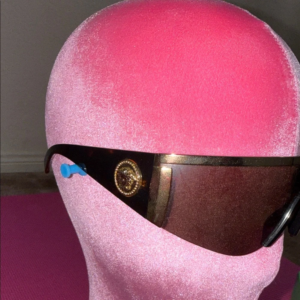 Versace Shield Sunglasses with Brown Gradient Lenses and Gold Trim - Picture 3 of 6
